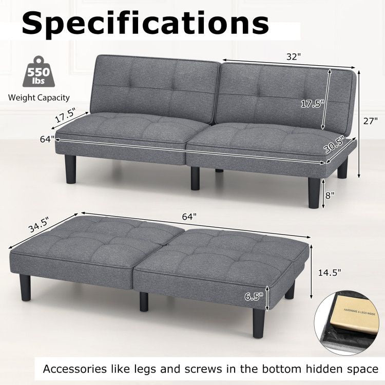 Gray sofa bed with dimensions and weight capacity on a white background