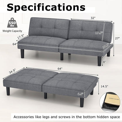 Gray sofa bed with dimensions and weight capacity on a white background