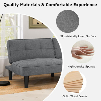 Gray sofa bed in a room with text highlighting material quality and comfort.