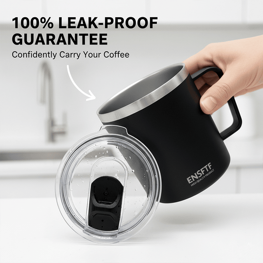Black coffee mug with clear lid held by a hand, on a white background with '100% Leak-Proof Guarantee' text.