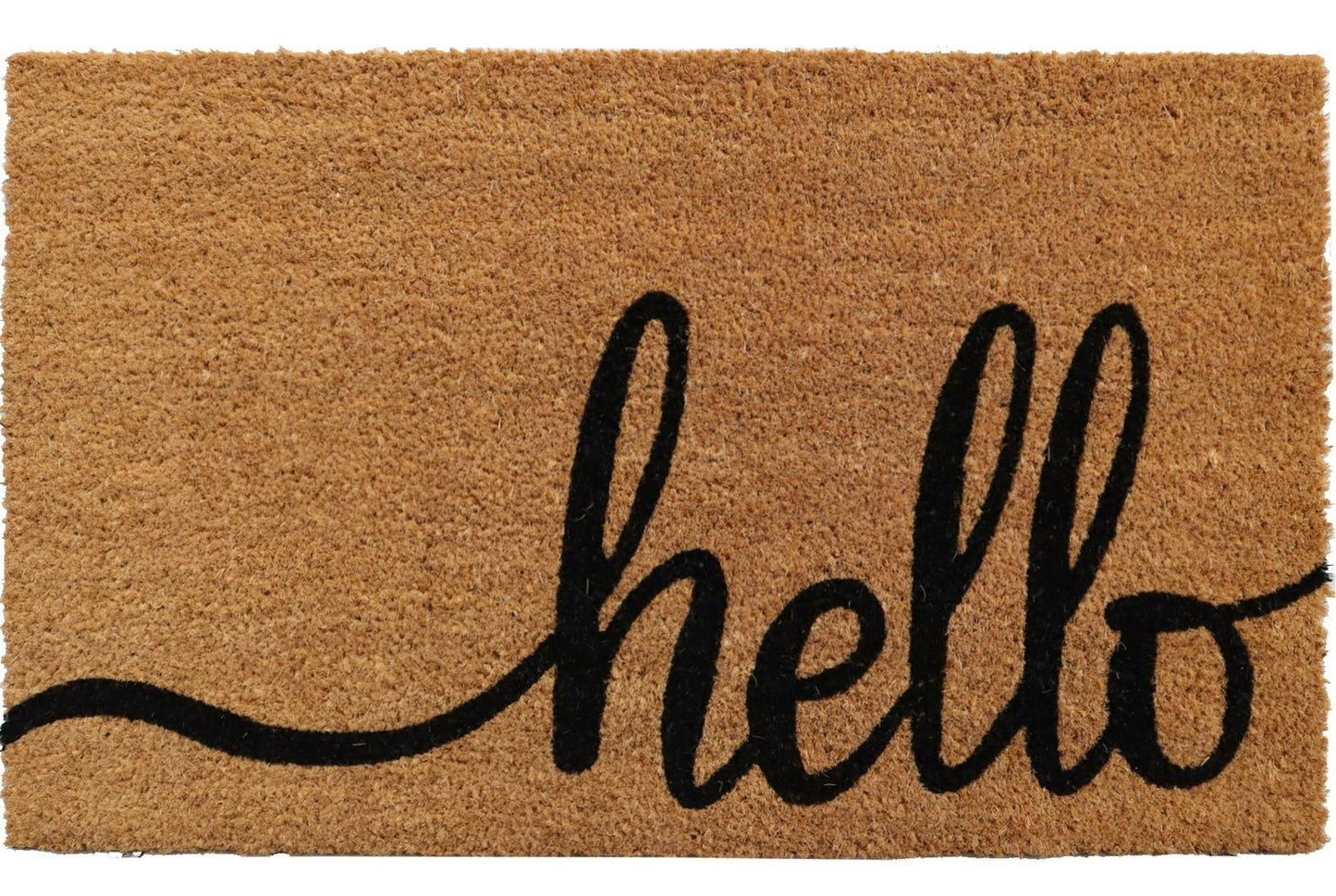 Doormat with 'hello' text on a white background