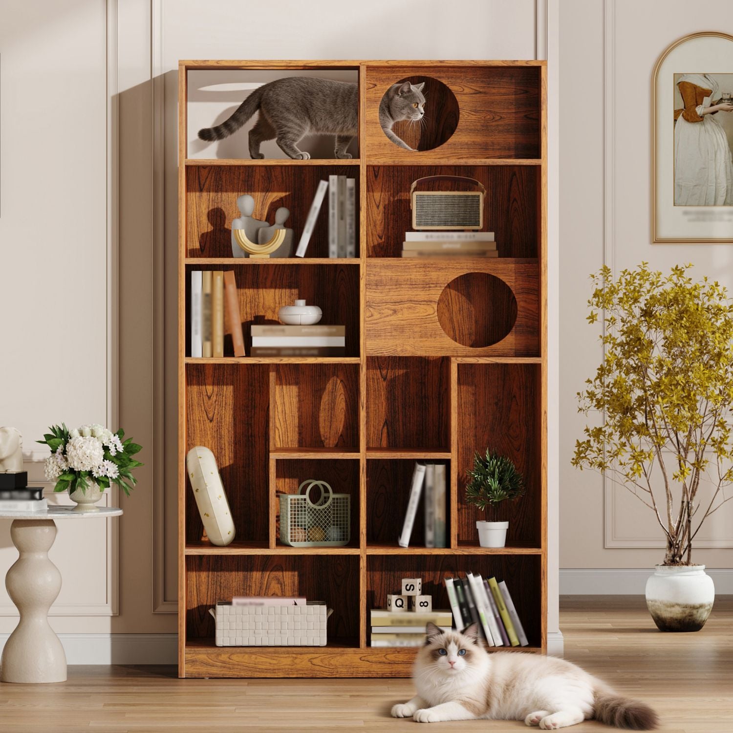 Wooden bookshelf with various items and a cat in a living room setting