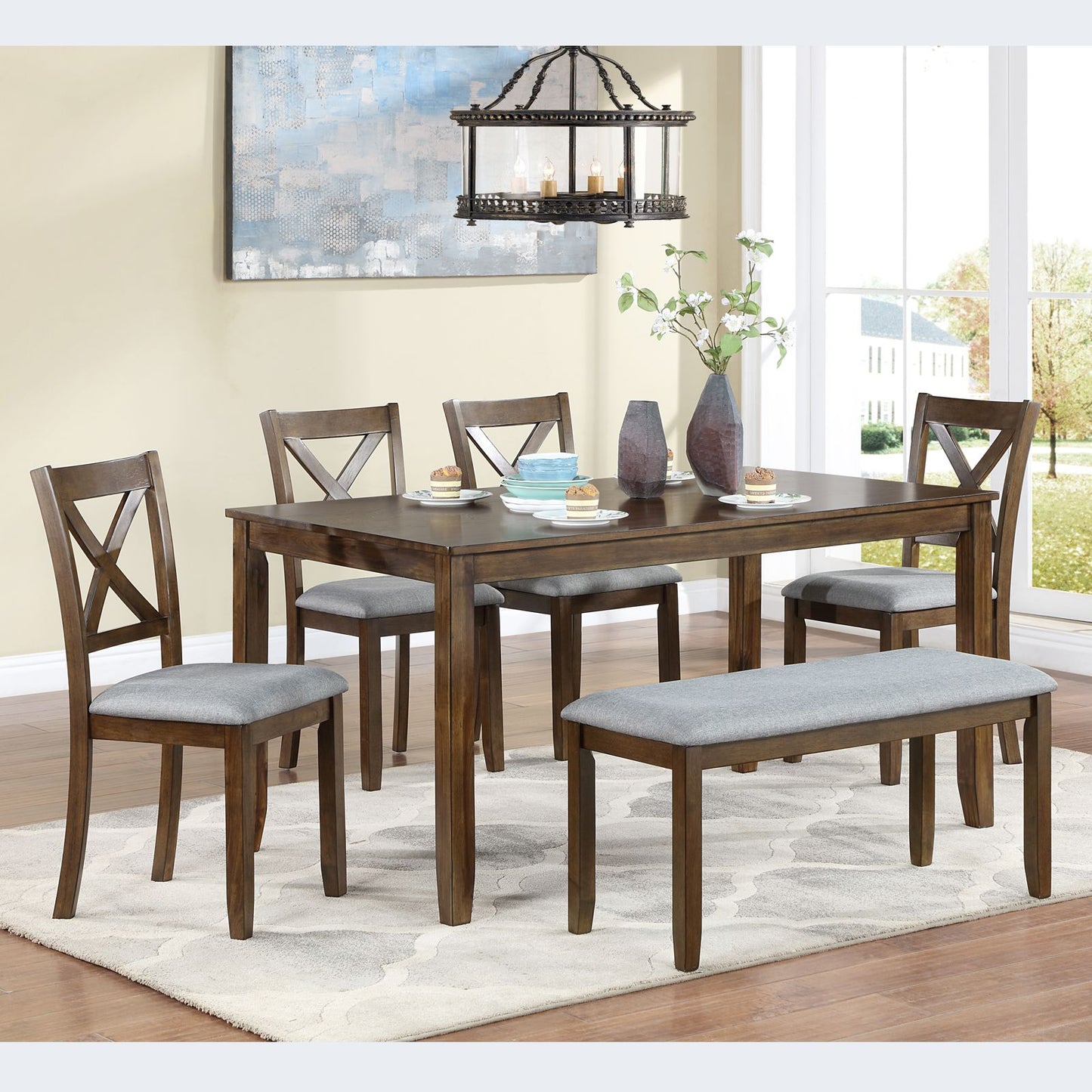Rustic Walnut Kitchen Dining Set with 4 Chairs and Bench for Family Meals