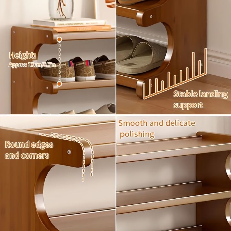 Wooden shoe rack with features highlighted on a white background