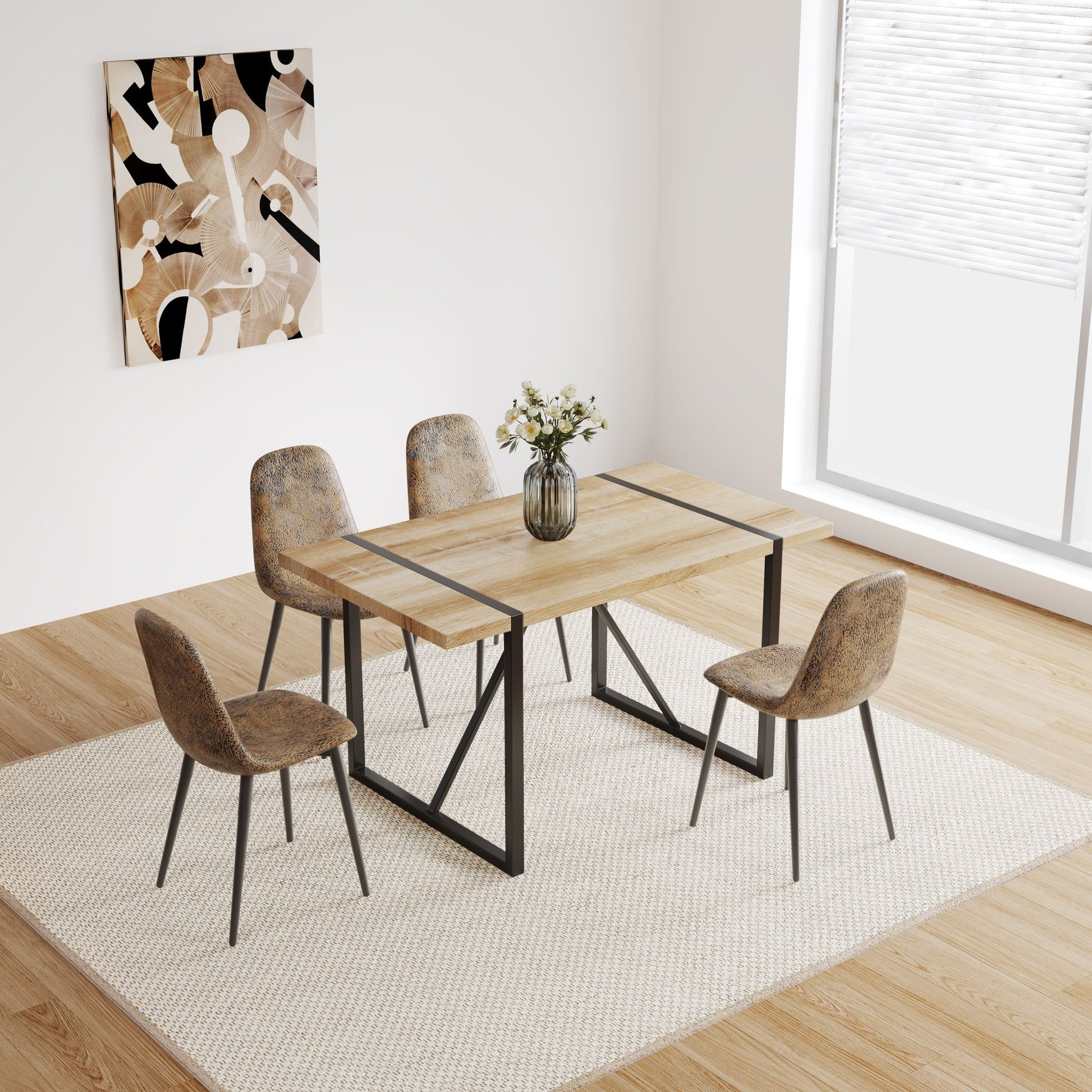 Dining room with wooden table and chairs on a light rug, abstract painting on wall.