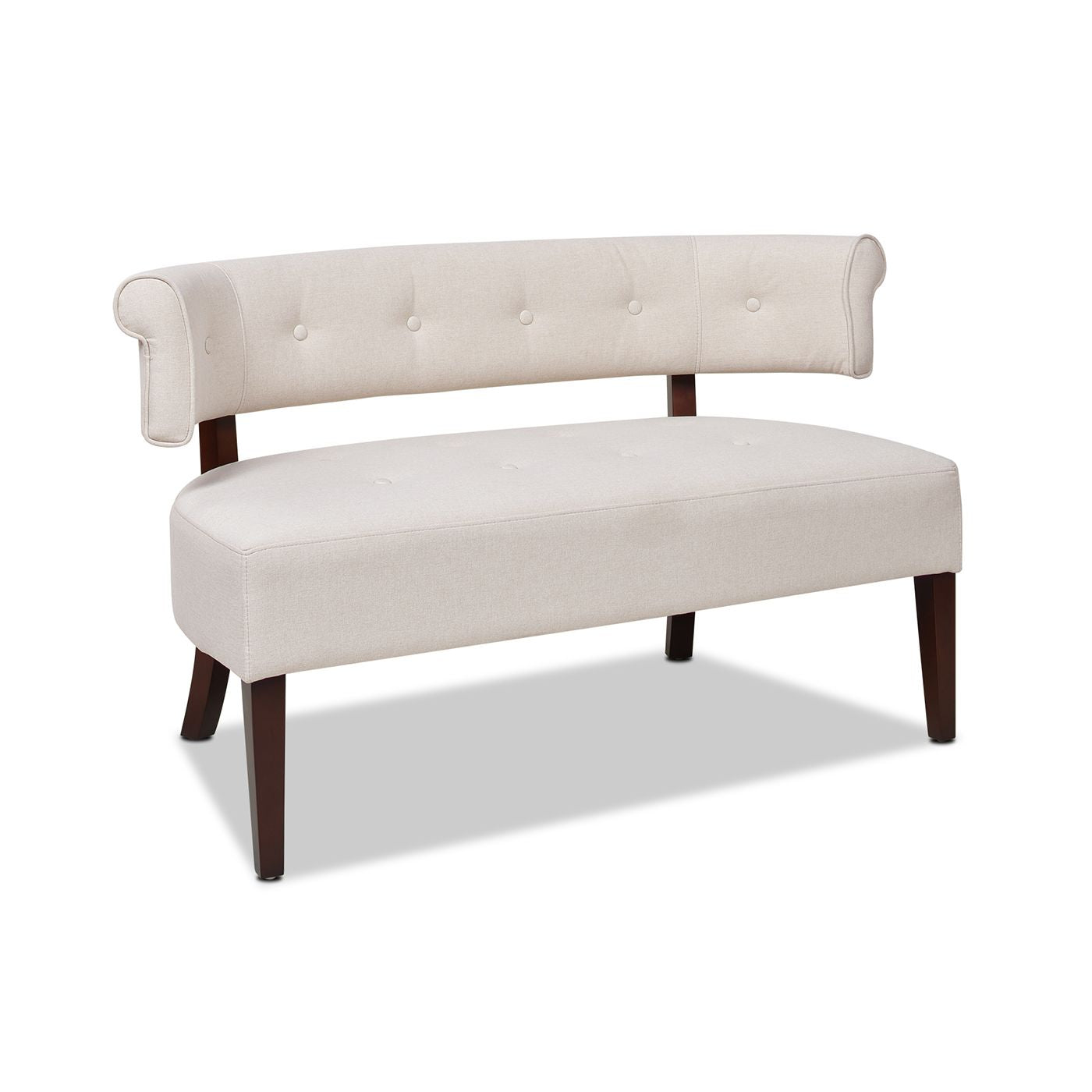 Beige upholstered bench with wooden legs on a white background