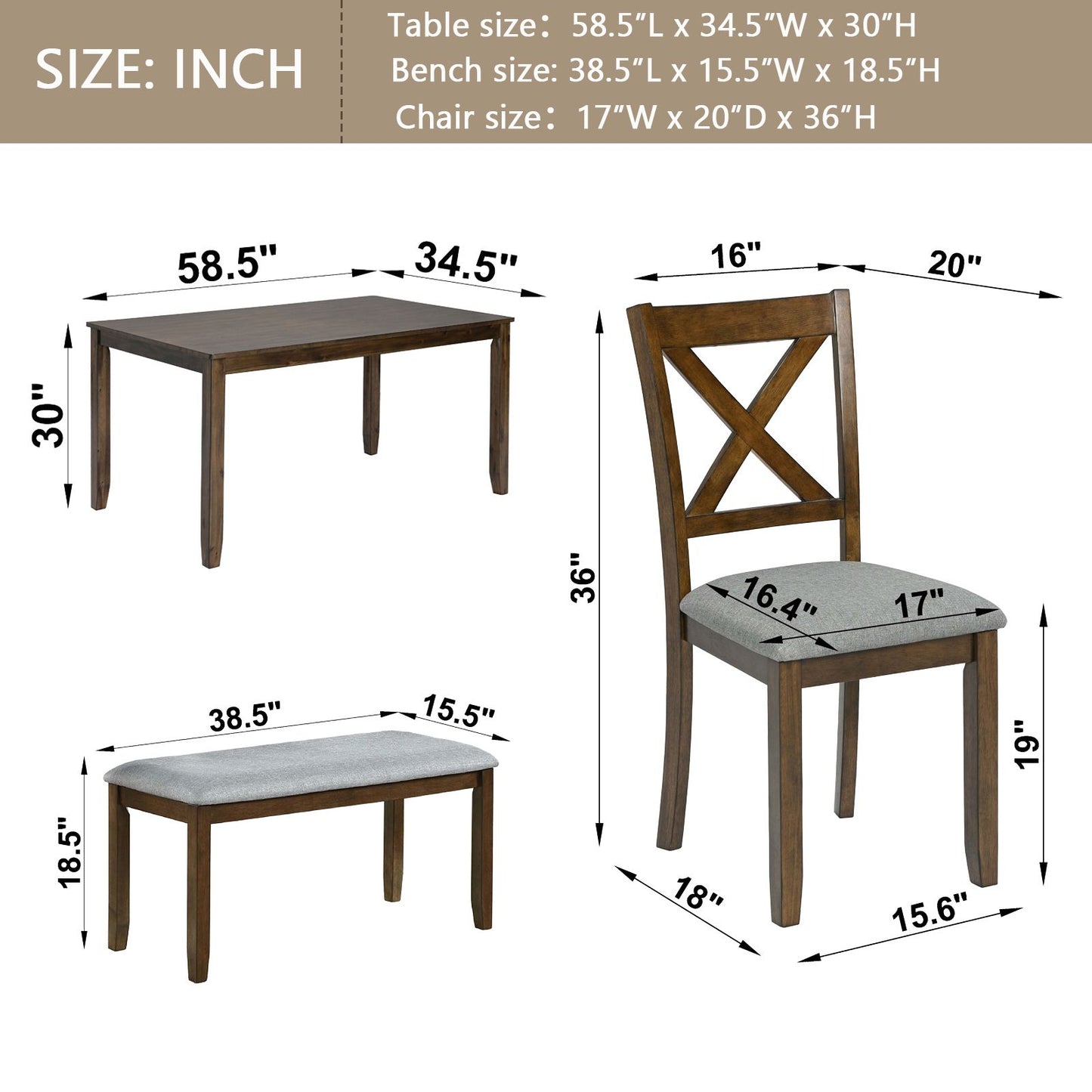 Rustic Walnut Kitchen Dining Set with 4 Chairs and Bench for Family Meals