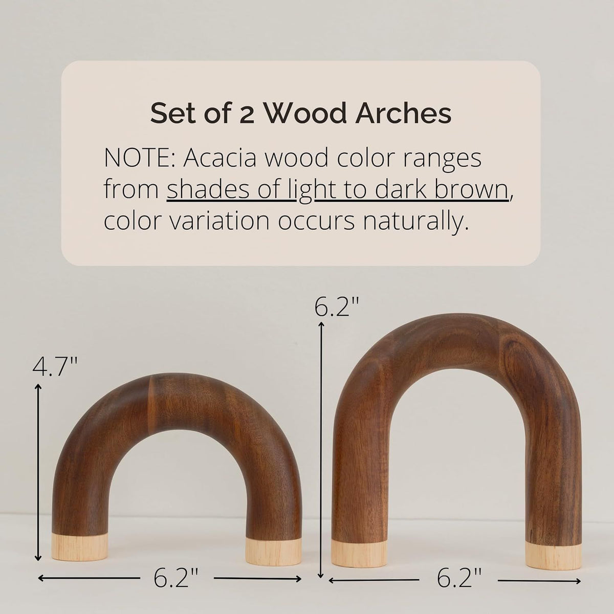 Set of 2 wooden arches with dimensions and acacia wood color information on a gray background