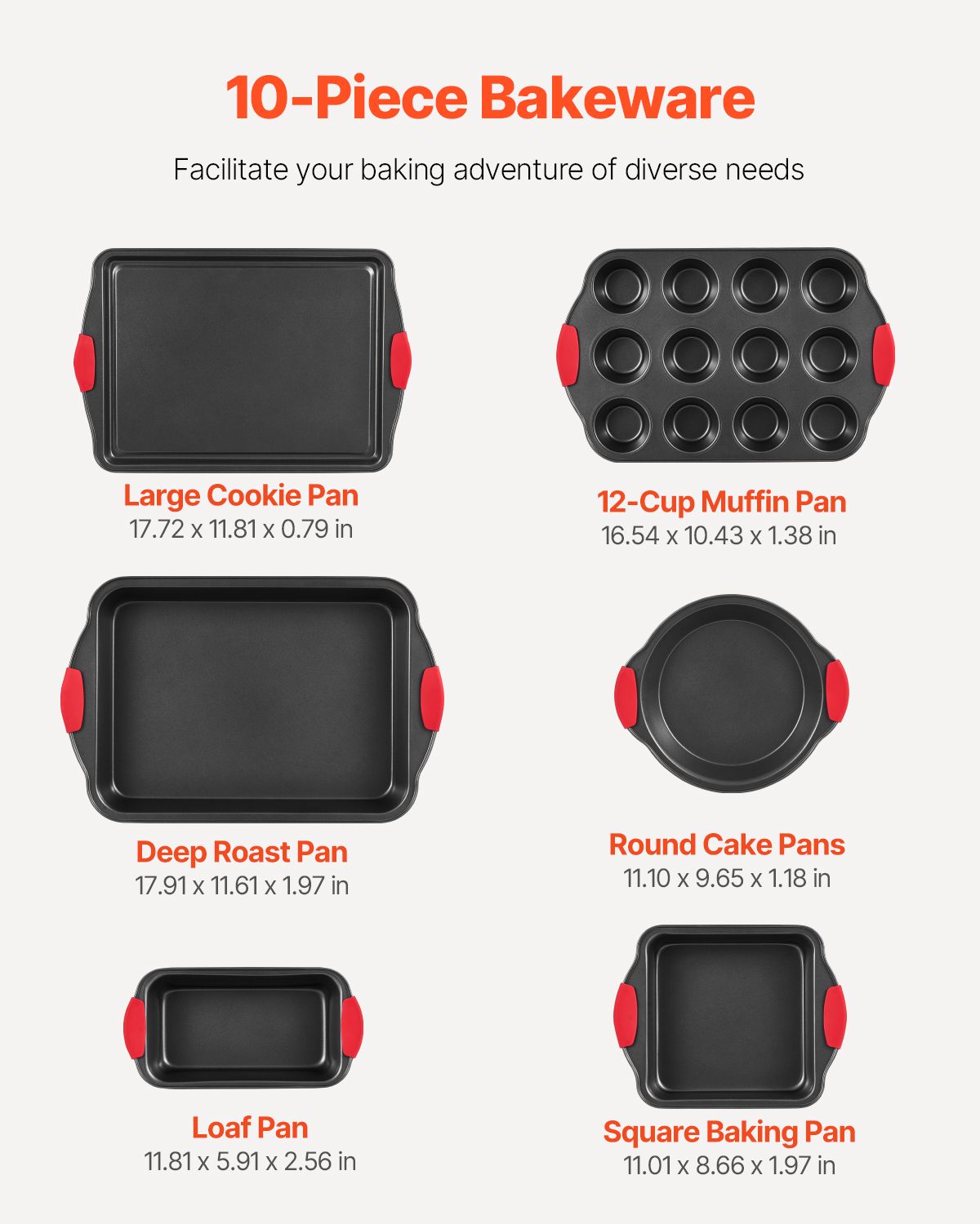 10-piece bakeware set with descriptions and dimensions on a white background
