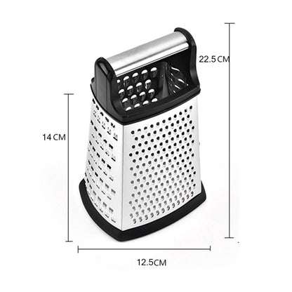 Box grater with dimensions labeled on a white background