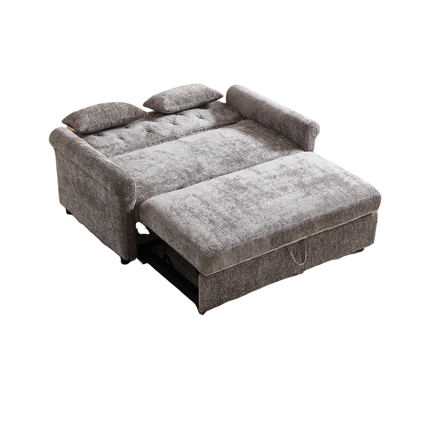 Gray fabric sofa bed with pull-out mechanism on a white background
