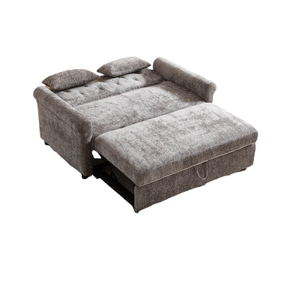 Gray fabric sofa bed with pull-out mechanism on a white background