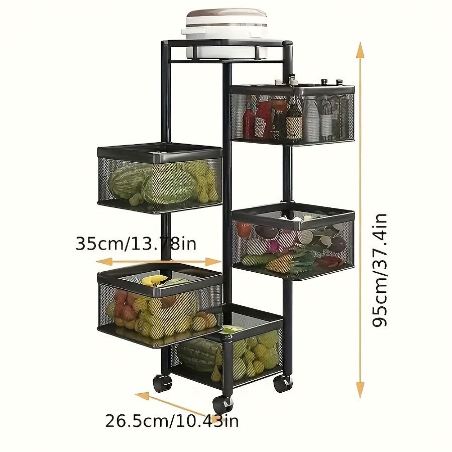 Black metal rolling cart with mesh shelves displaying measurements on a white background