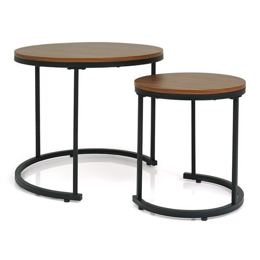 A pair of nesting round nesting tables with medium brown wood-look tops and black metal frame bases, shown on a clean white background.