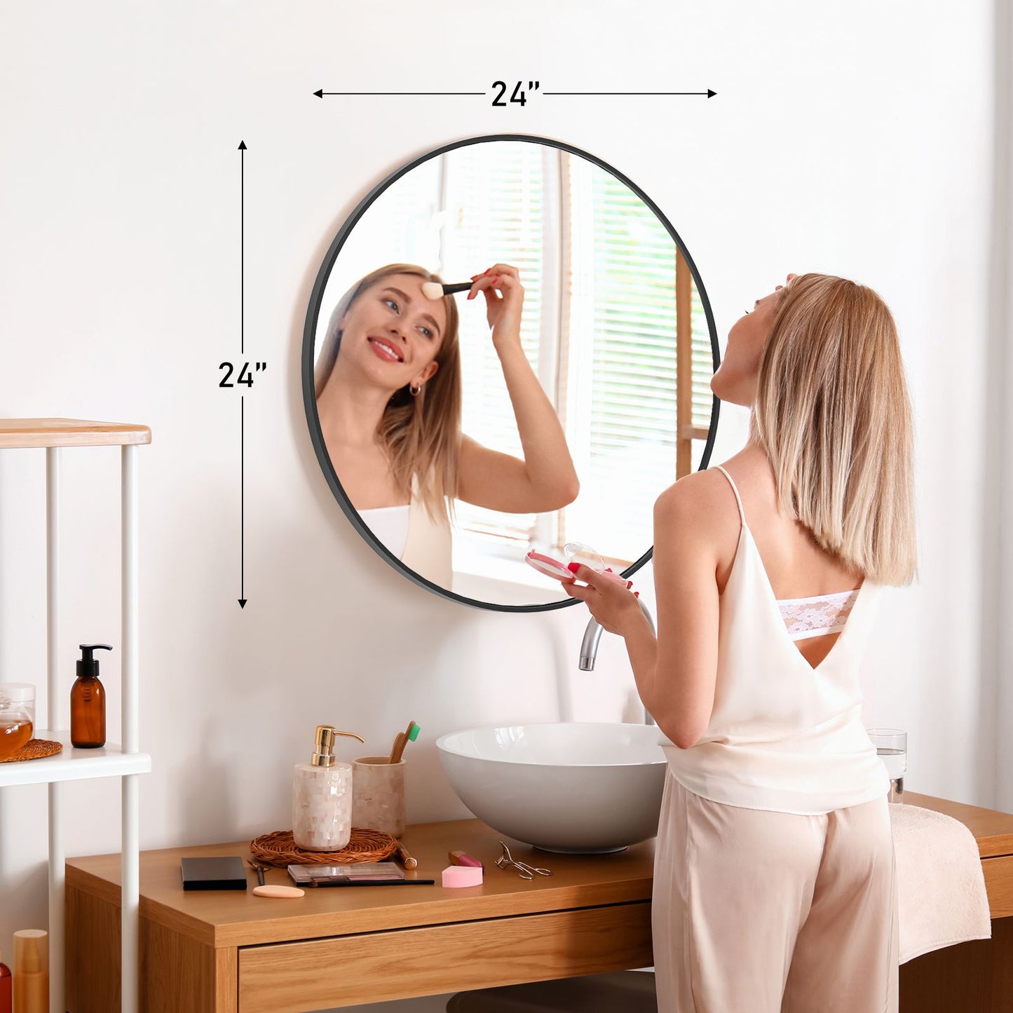 Woman applying makeup in front of a round mirror with dimensions indicated.