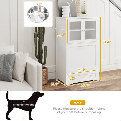 White cabinet with dimensions labeled in a living room setting, featuring a dog silhouette for scale.