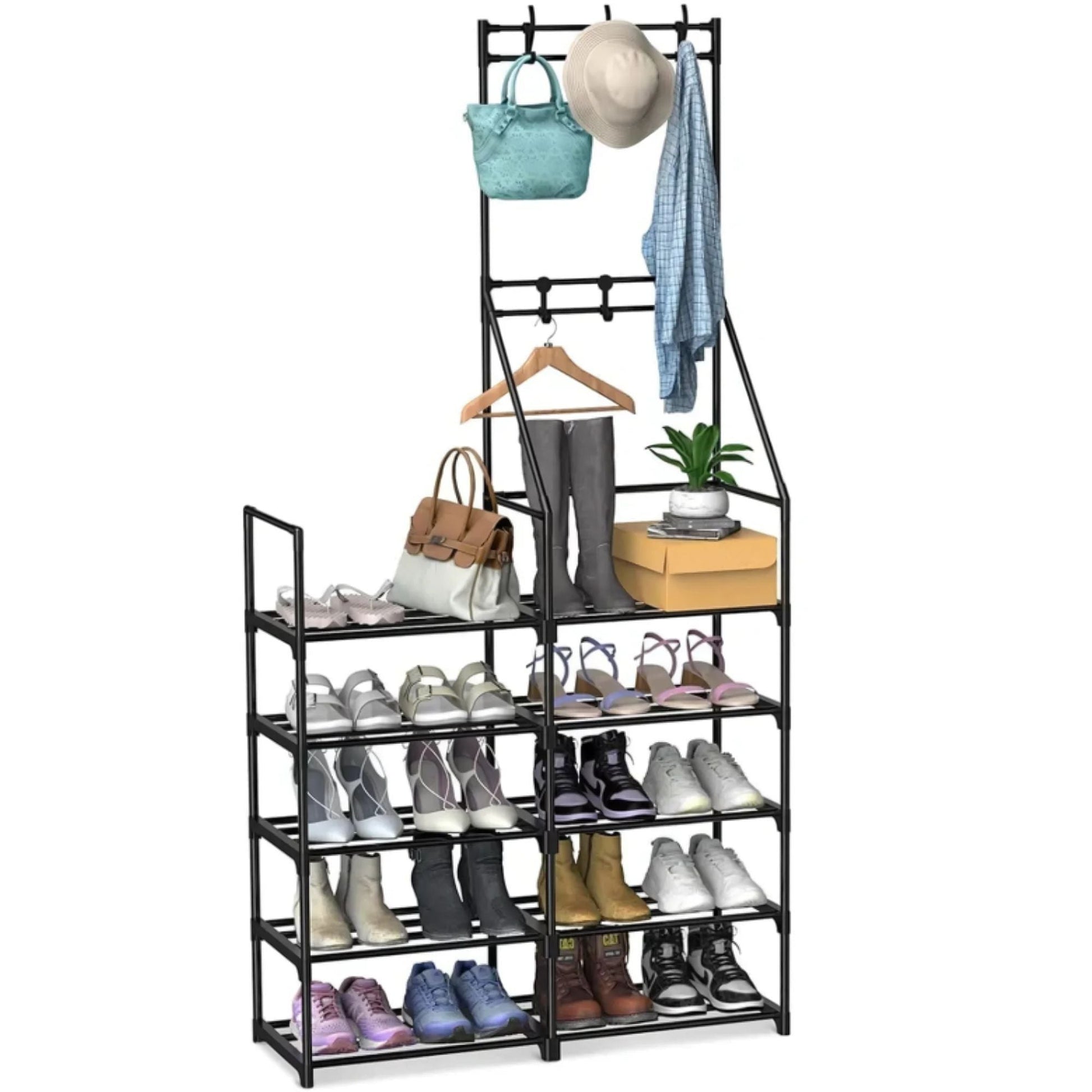 Multi-tiered shoe rack with shoes, bags, and a hat on a white background with '50% OFF' text.