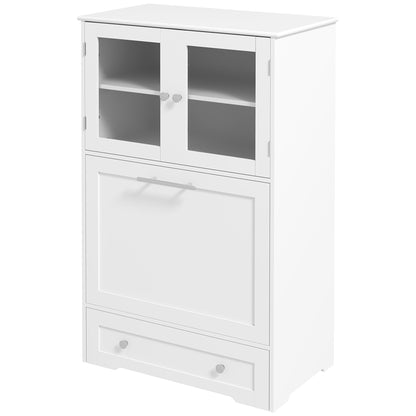 White cabinet with glass doors and a drawer on a white background