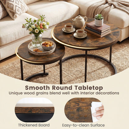 Round wooden coffee table with tea set and decor in a living room setting