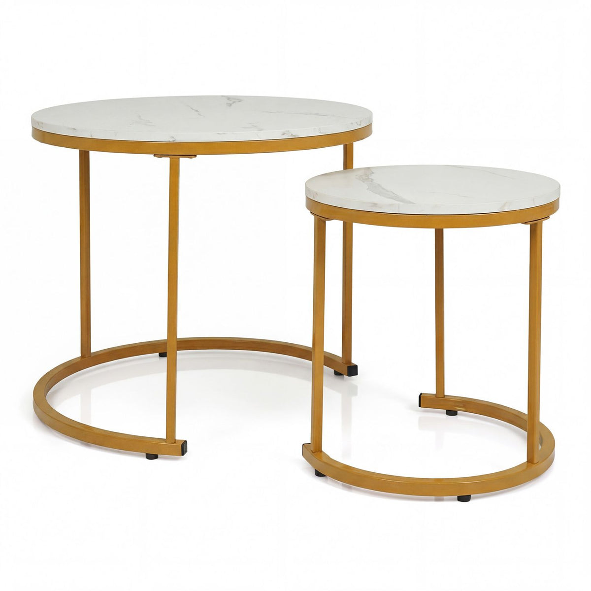 A set of two nesting round side tables with white marble-patterned tops and curved gold metal frames, shown on a clean white background.