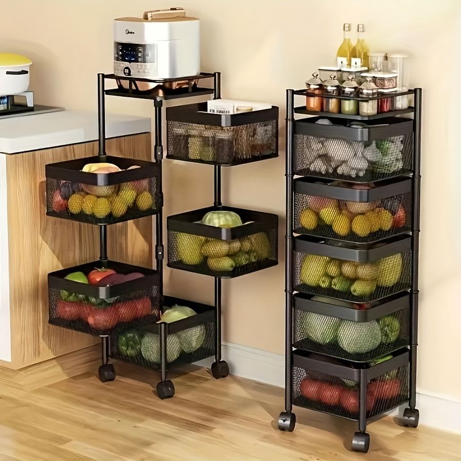 Black metal rolling cart with mesh baskets filled with groceries in a kitchen setting.