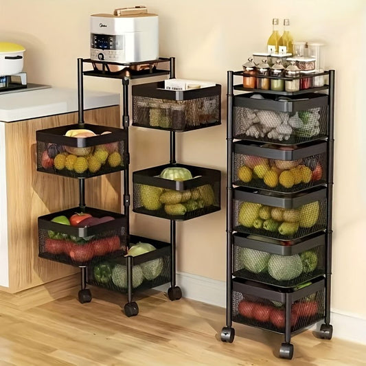 Black metal rolling cart with mesh baskets filled with groceries in a kitchen setting.