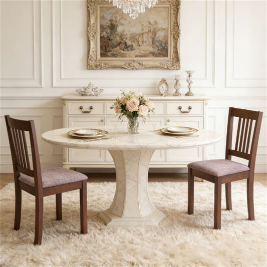 Dining room with marble table and wooden chairs, featuring a decorative painting on the wall.
