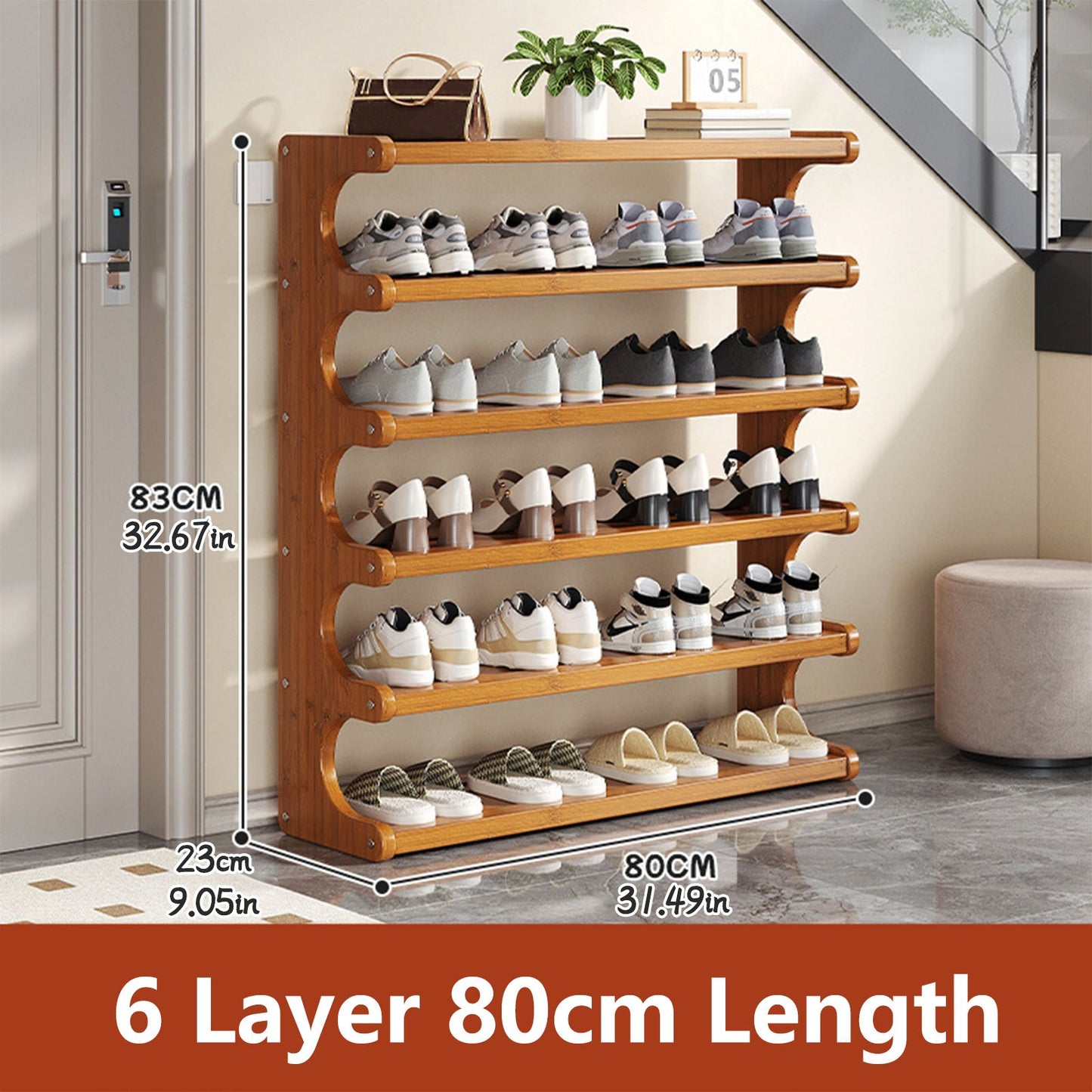 Wooden shoe rack with six layers of shoes, dimensions indicated, in a room setting.