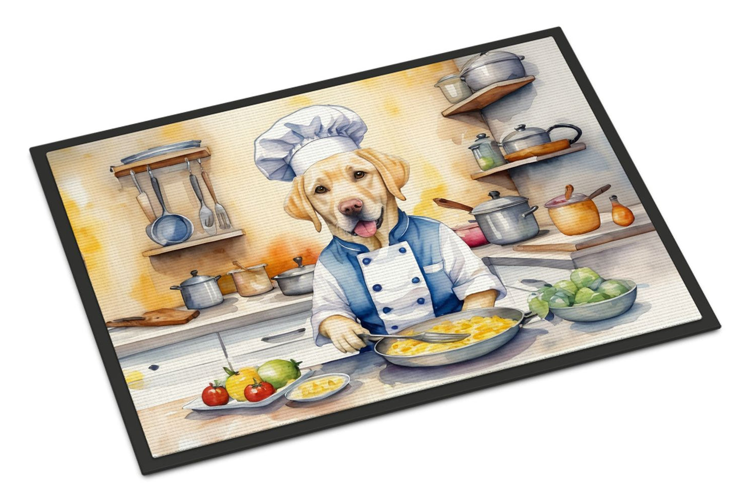Dog in a chef's outfit cooking in a kitchen on a doormat