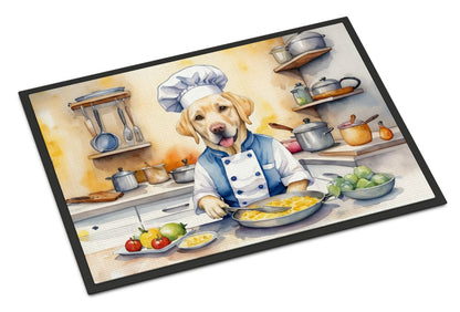 Dog in a chef's outfit cooking in a kitchen on a doormat