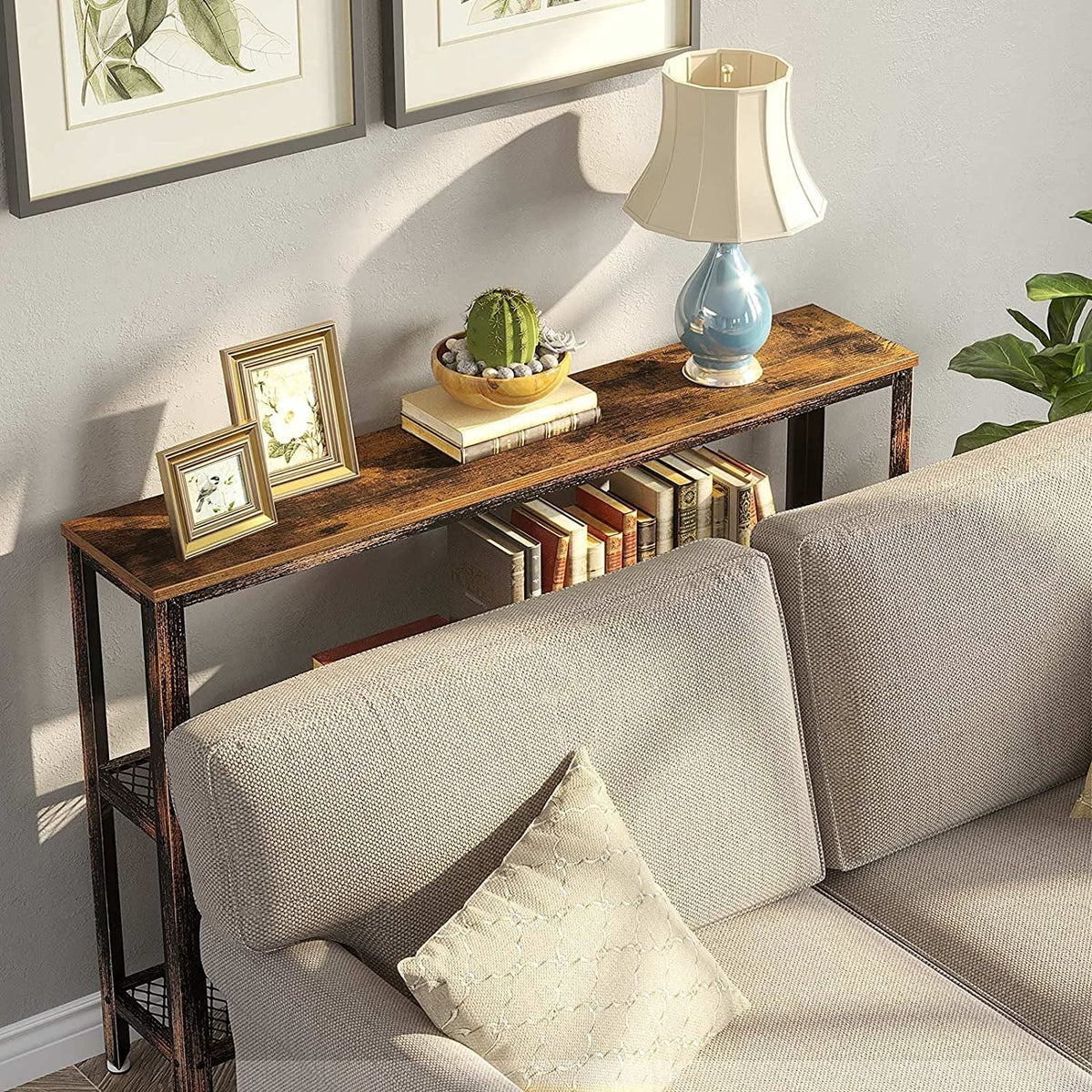 47" Narrow Rustic Console Table with 2-Tier Metal Shelves