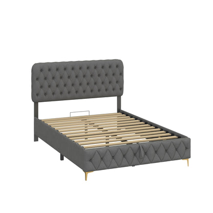 Queen Velvet Platform Bed with Lift-Up Storage