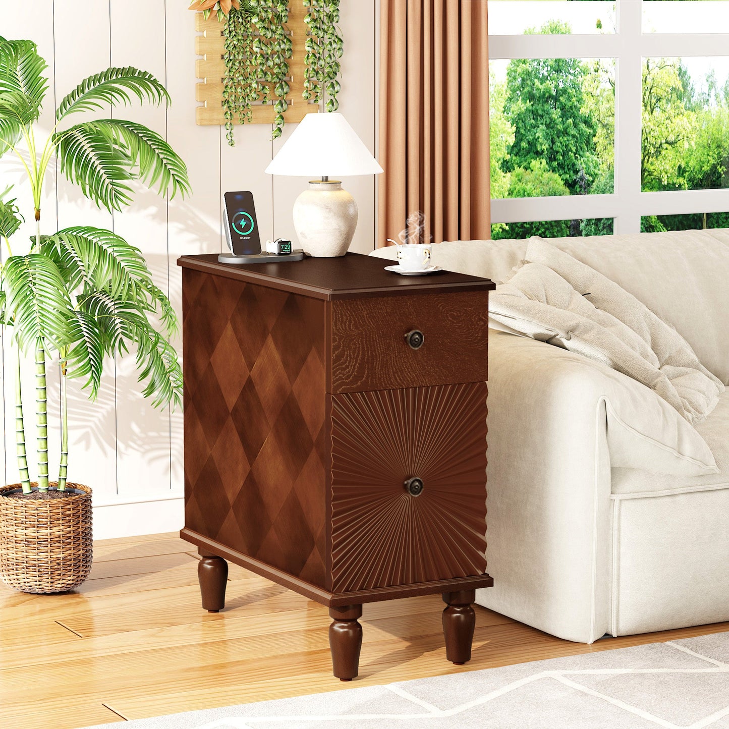 Mid-Century Modern 2-Drawer Nightstand with 2 USB / 2 AC Charging Station (Walnut)