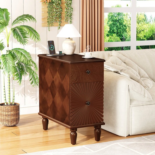 Mid-Century Modern 2-Drawer Nightstand with 2 USB / 2 AC Charging Station (Walnut)