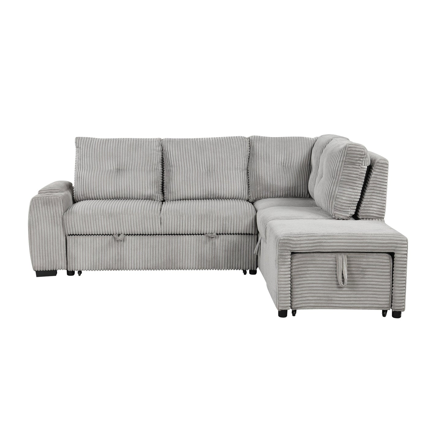 Light Grey Corduroy Sectional Sofa Bed with Built-in USB, Storage, and Movable Ottoman