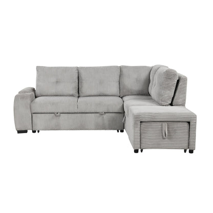 Light Grey Corduroy Sectional Sofa Bed with Built-in USB, Storage, and Movable Ottoman