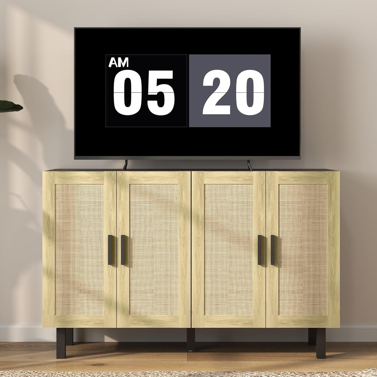 Boho Chic Rattan Buffet Cabinet with Adjustable Shelves – Black & Natural