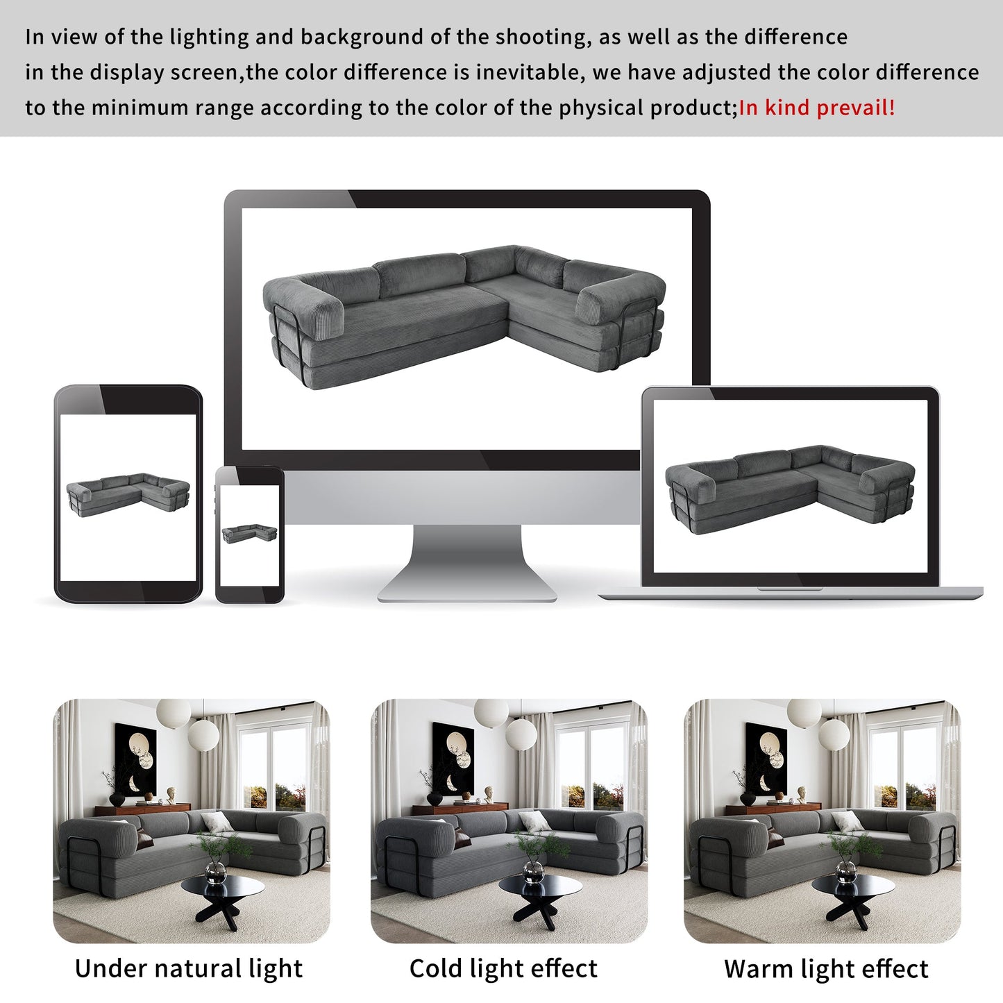 4-Seat Modular Sectional Sofa in Gray Corduroy - Converts to Guest Bed (No Assembly)