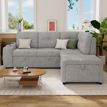 Light Grey Corduroy Sectional Sofa Bed with Built-in USB, Storage, and Movable Ottoman
