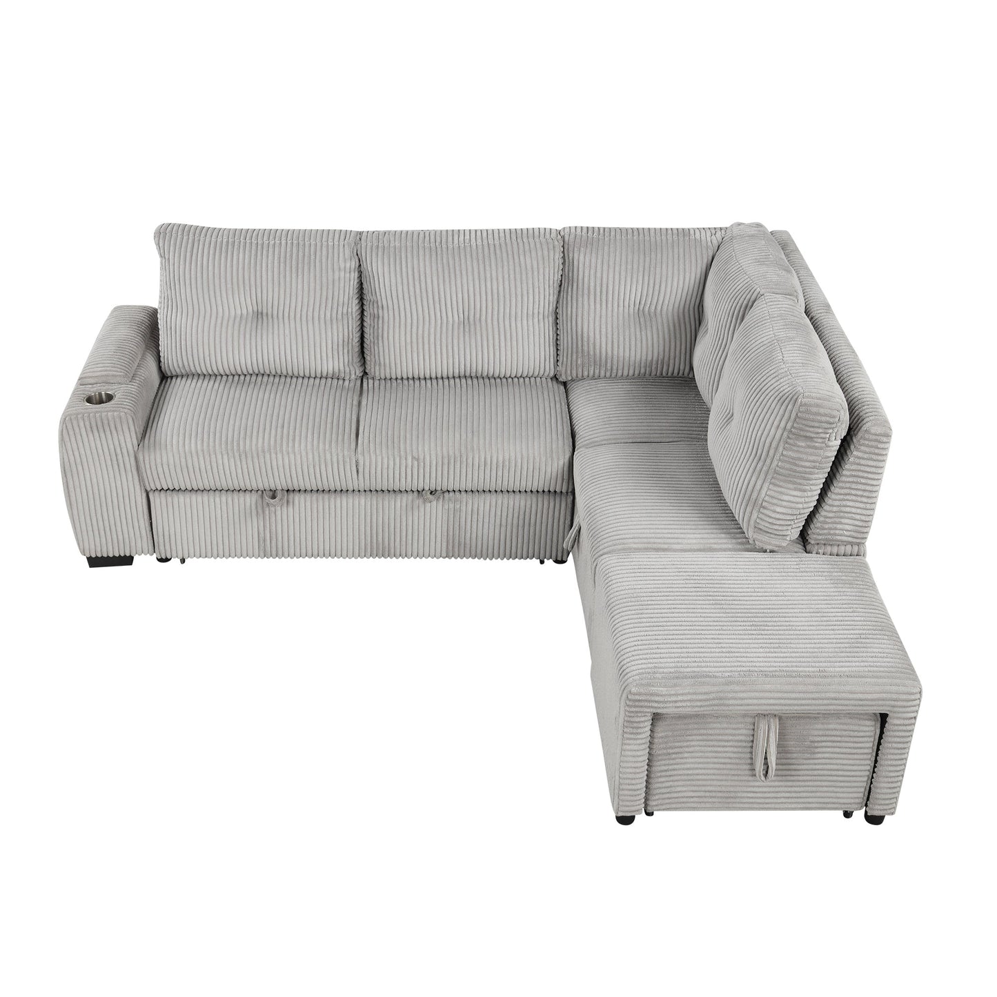 Light Grey Corduroy Sectional Sofa Bed with Built-in USB, Storage, and Movable Ottoman