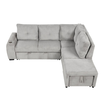 Light Grey Corduroy Sectional Sofa Bed with Built-in USB, Storage, and Movable Ottoman