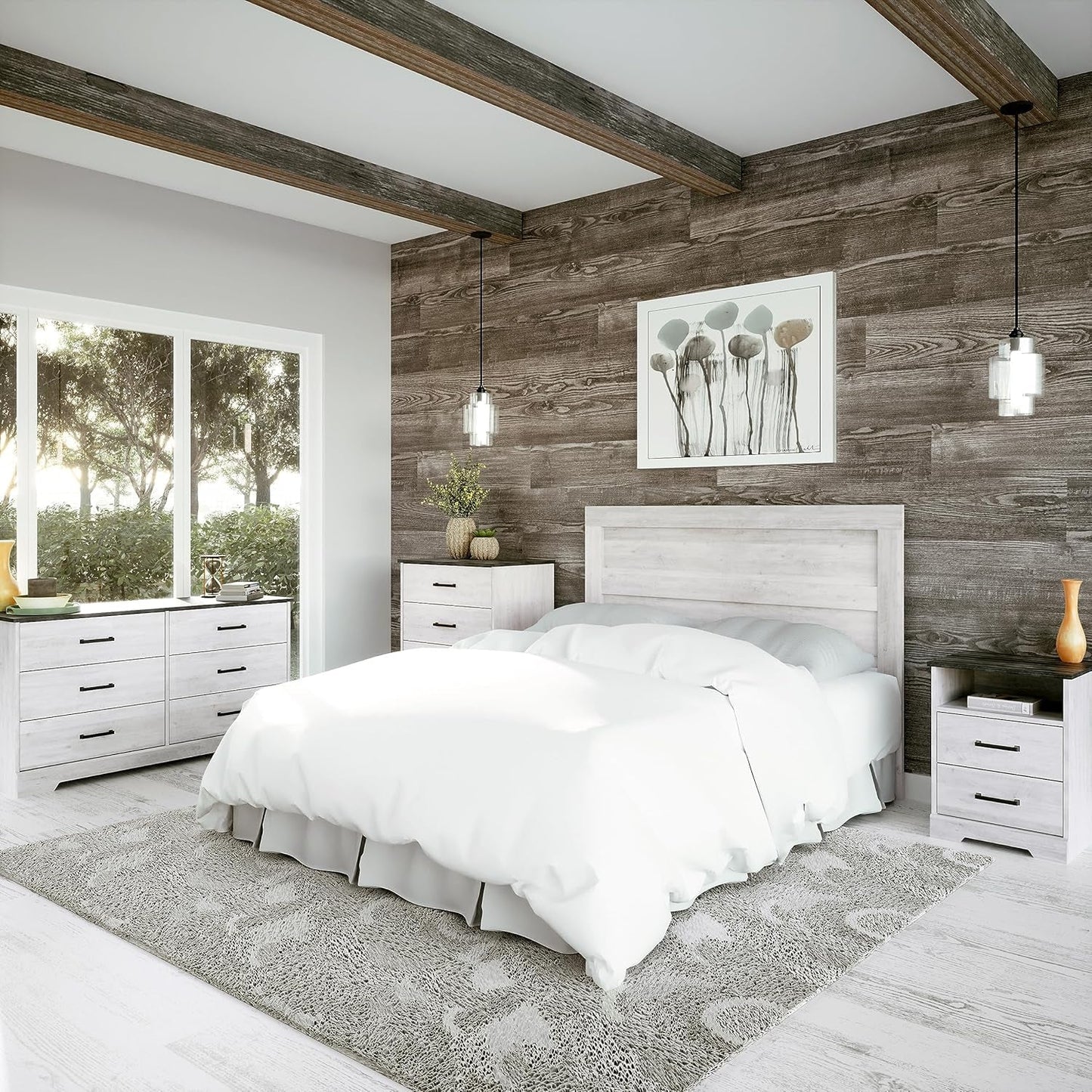 Whitewash Farmhouse Dresser with Rustic Planked Top - 53 In.