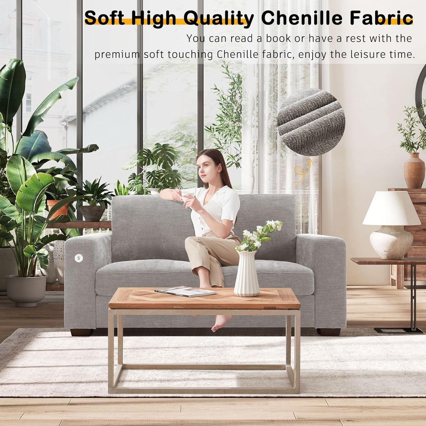 Plush Chenille Loveseat for Living Room – Wide Seat, Built-In USB, Durable Frame