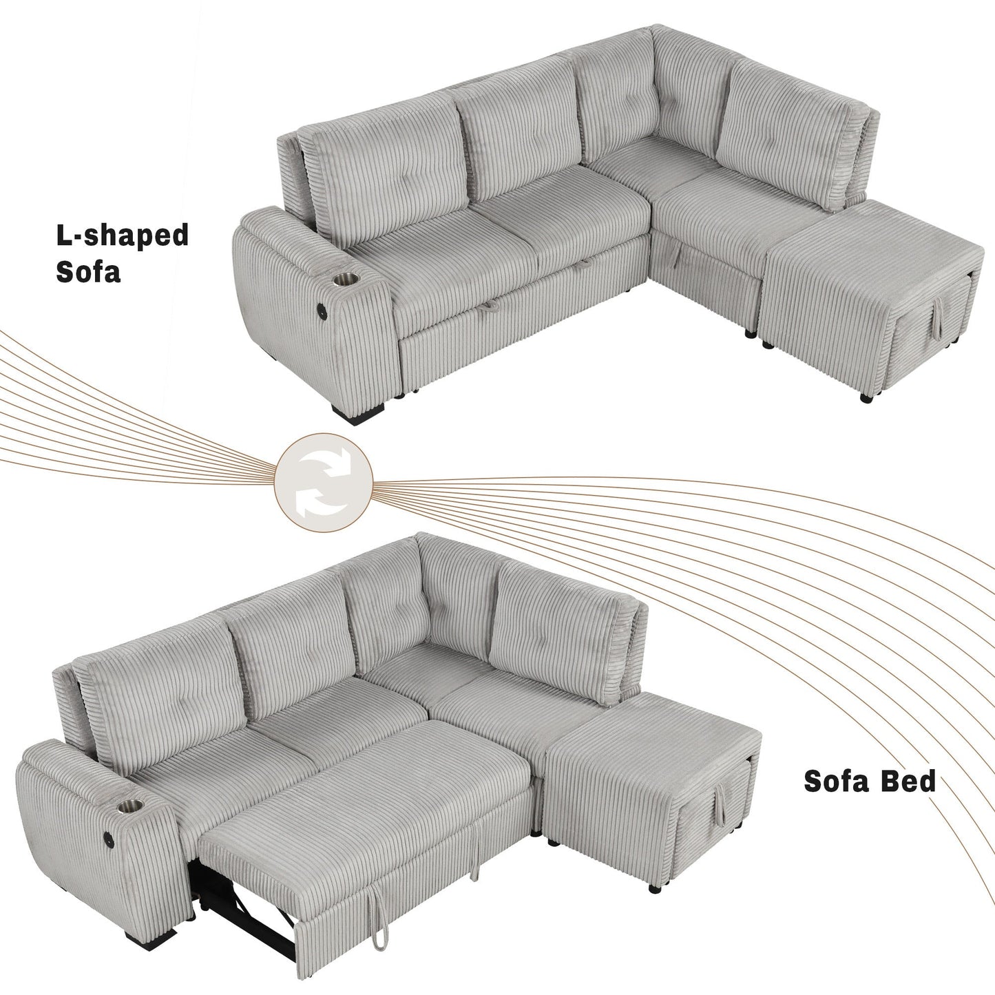 Light Grey Corduroy Sectional Sofa Bed with Built-in USB, Storage, and Movable Ottoman