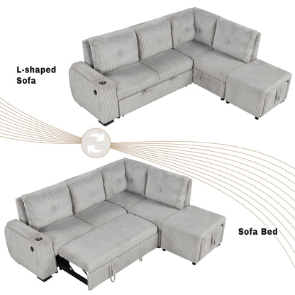 Light Grey Corduroy Sectional Sofa Bed with Built-in USB, Storage, and Movable Ottoman