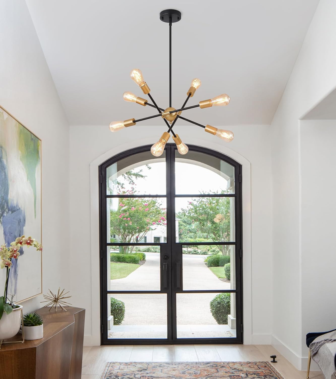 Modern Mid-Century 8-Light Black & Gold Chandelier