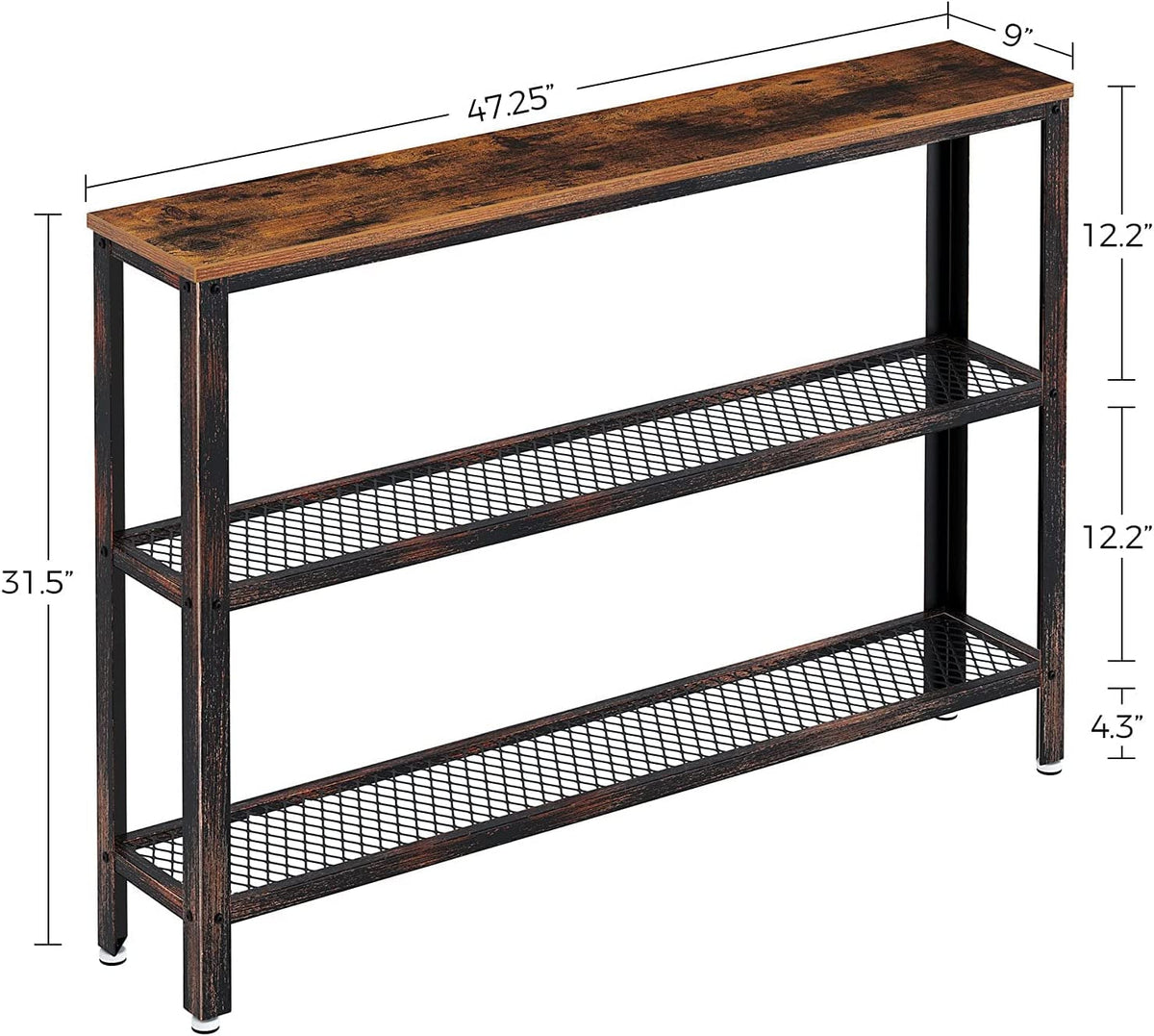 47" Narrow Rustic Console Table with 2-Tier Metal Shelves