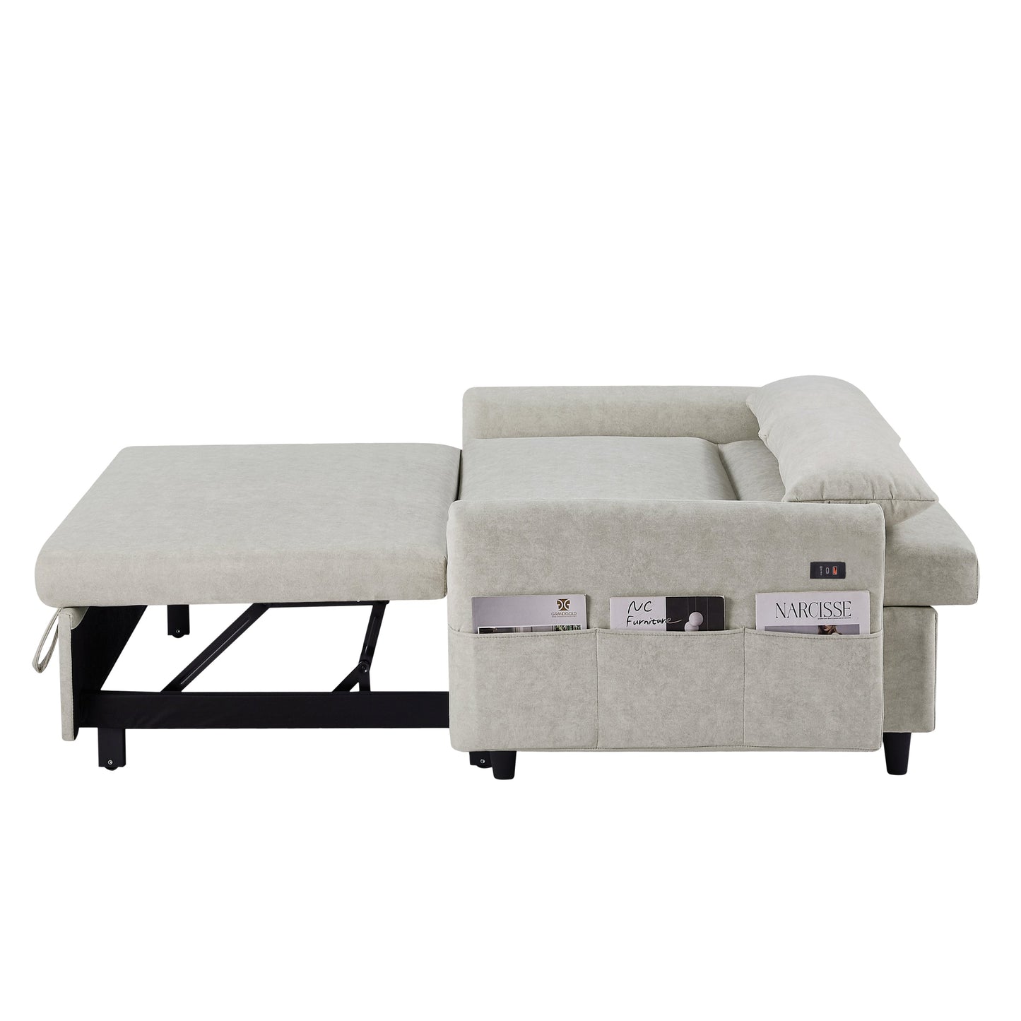 2-Seat Microfiber Sofa Bed with Pillows and Side Storage