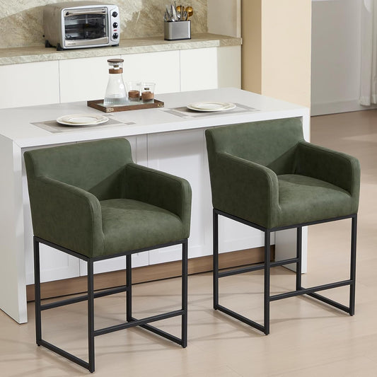 Modern 25" Green Leather Bar Stools (2)