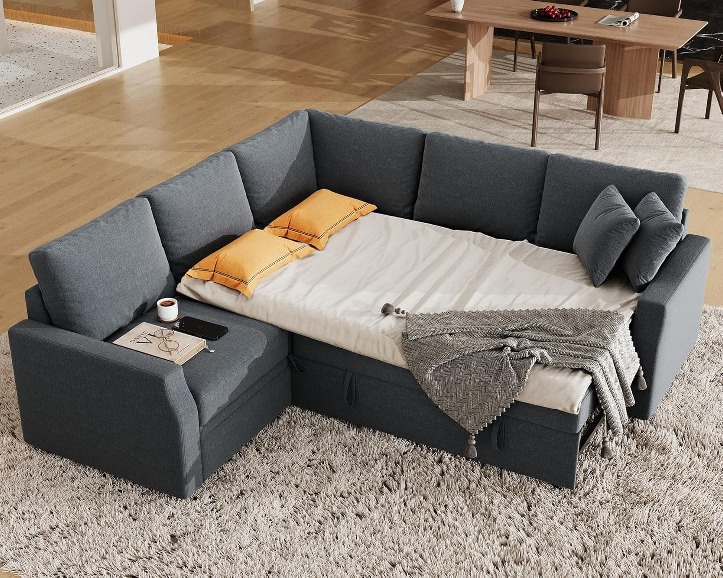 Grey L-Shaped Sleeper Sectional Sofa with Pull-Out Bed & Storage